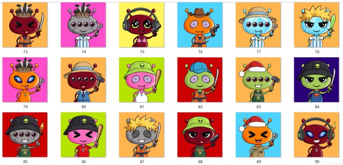 A grid of 18 colorful cartoon character portraits (numbered 73-90) each wearing different hats and holding items like swords, bats, and tools.