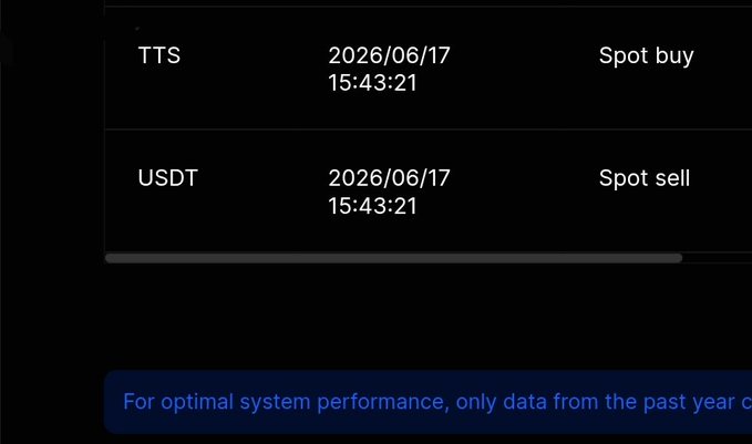 A dark app screen showing transaction records for TTS (Spot buy) and USDT (Spot sell) dated 2026/06/17 15:43:21, with a partial note about optimal system performance.