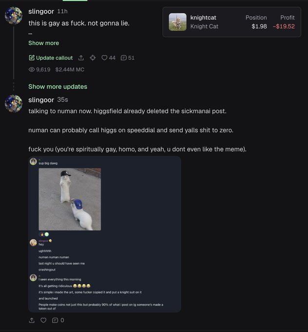 A user named "slingoor" posts on what appears to be a trading/stock community, complaining about a situation while referencing "numan," "higgsfield," and "speeddial" with quotes about sending a stock "to zero." The post references a $1.98 position with a -$19.52 loss (ticker "Knight Cat") and includes an embedded meme image showing a small white dog wearing a blue helmet.