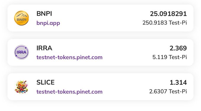 A cryptocurrency app interface showing Test-Pi token balances for BNPI (25.0918291), IRRA (2.369), and SLICE (1.314) with their respective websites.