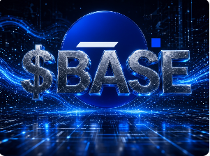 A digital graphic featuring the word '$BASE' in metallic silver letters over a glowing blue globe, set against a dark background with blue technological light streaks.