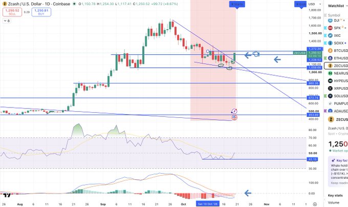 A Zcash/U.S. Dollar (ZEC/USD) chart shows a descending wedge and bullish breakout setup, with price near $1,250 and horizontal resistance levels around $1,300, $1,500, and $1,700. The post says, “This $ZEC could breakout solve most of my life problems,” highlighting the chart’s potential upside if the breakout holds.
