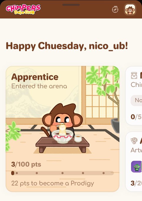 A mobile app screen for 'CHIMPERS' greeting 'Happy Chuuesday, nico_ub!' and showing an 'Apprentice' rank progress card at 3/100 pts.