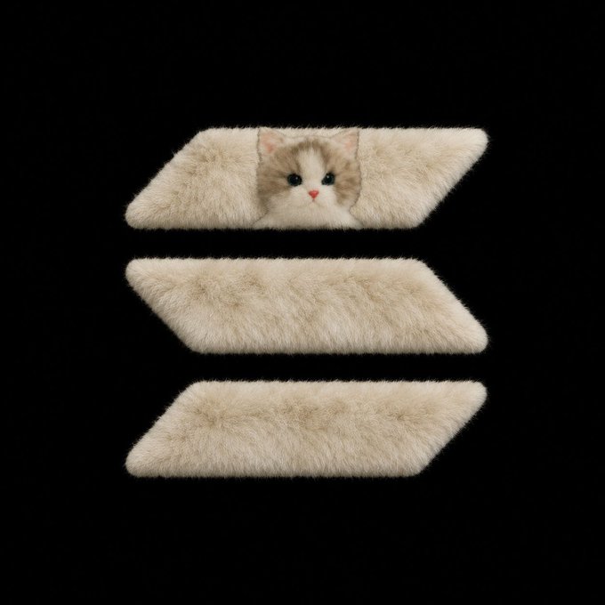 Three horizontal furry beige strips against a black background, with a small kitten's face peering through the gap in the top strip.