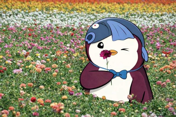 A cute cartoon penguin wearing a shark hat and blue bow tie, holding a small flower and winking, set against a colorful field of wildflowers.