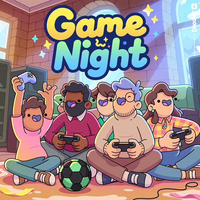 A colorful cartoon illustration titled 'Game Night' depicts a diverse group of friends sitting on a couch playing video games with controllers.