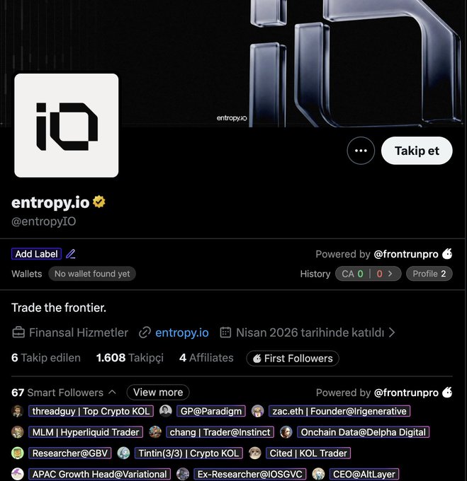 The image shows the X (Twitter) profile page for **@entropyIO** (entropy.io), displaying 1,608 followers, 6 posts, and 67 smart followers including prominent crypto figures like @threadguy, @GP@Paradigm, and @zac.eth, with the account joining in April 2026 and being powered by @frontrunpro. The profile relates to the post about the entropy.io project, which secured $44M in funding from a team including former Polymarket and Jump Trading members.
