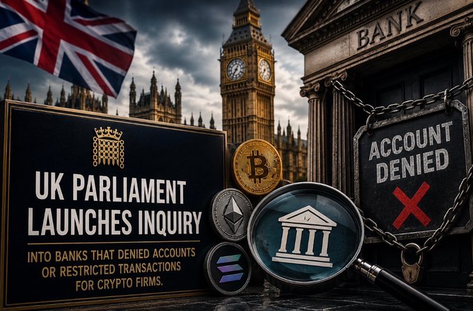 A news-style graphic shows the UK Parliament launching a formal inquiry into banks that denied accounts or restricted transactions for crypto firms, featuring Big Ben, the Union Jack, a "Bank" building, a "Account Denied" sign, and coins/tokens for Bitcoin, Ethereum, and Solana under a magnifying glass highlighting a bank icon—visually underscoring the post's announcement that lawmakers are scrutinizing the banking industry's treatment of crypto businesses.