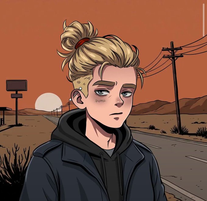 A digital illustration depicts a tired-looking young man with blonde hair tied in a messy bun, wearing a dark jacket over a hoodie. He stands on a desert road with a small tattoo reading 'PUMP' on his cheek, set against a sunset backdrop.