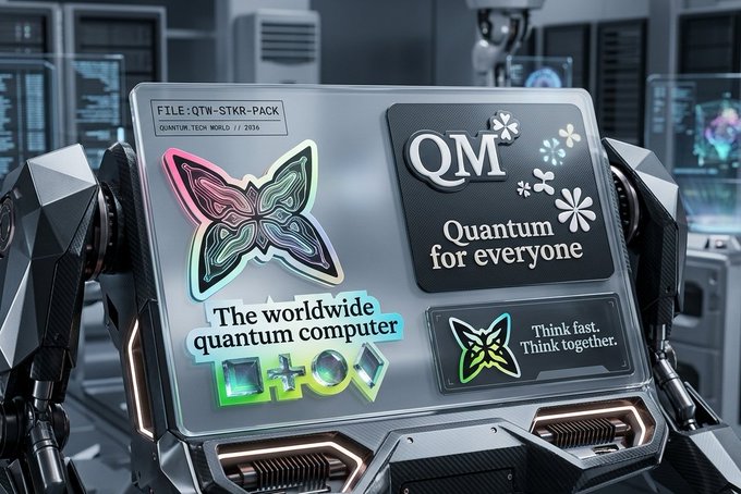 The image features a laptop computer with various stickers on its screen, including one that reads "QM" and another that says "Quantum for everyone". These stickers are likely used as decoration or personalization of the device. The laptop is placed in front of a monitor, which also has some stickers on it. In addition to these two screens, there's an additional monitor behind them. A person can be seen standing next to this setup, possibly attending to the devices or observing their screens.