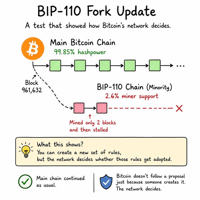 An infographic titled "BIP-110 Fork Update" explaining how Bitcoin's network decides on forks, showing the main chain (99.85% hashpower) continued while a minority BIP-110 chain with only 2.6% miner support stalled after mining just 2 blocks.