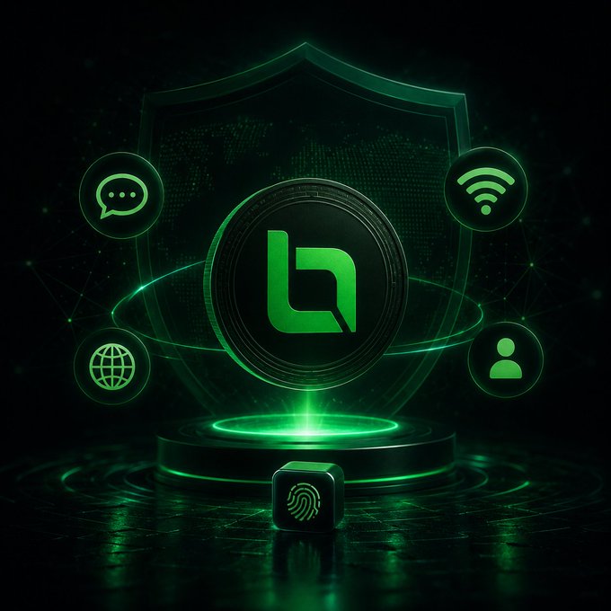 A green digital graphic features a central shield and logo surrounded by icons for chat, WiFi, web, and user, with a fingerprint scanner cube at the base.
