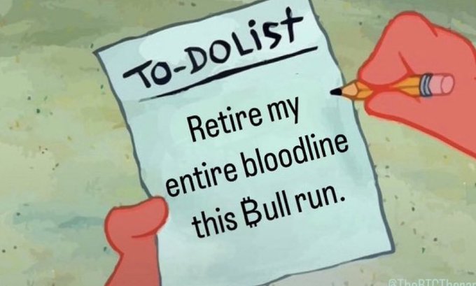An animated scene from SpongeBob SquarePants showing Mr. Krabs writing on a 'To-Do List' that reads 'Retire my entire bloodline this Bull run.'