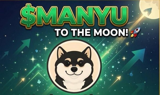 The image is a promotional graphic for the "$MANYU" token featuring a Shiba Inu dog mascot in a coin-like emblem against a space-themed background with stars, arrows pointing upward, and a rocket ship, accompanied by the text "$MANYU TO THE MOON!" The visual aligns with the post's celebration of MANYU's strong community and its impressive $71.2M all-time high milestone on Ethereum.