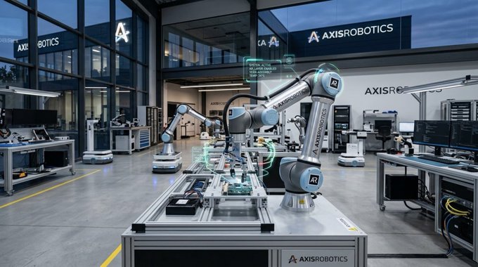 A modern robotics laboratory branded 'AXISROBOTICS' features multiple articulated robotic arms working on circuit boards and electronic components at industrial workstations.