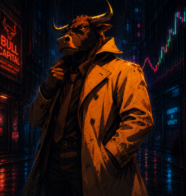 A cyber-noir bull character in a trench coat stands in a rain-slicked neon alley beneath a "BULL CAPITAL" sign and a green upward-trending chart, visually embodying the "BULL RUNNER" meme coin's promise of charging momentum on Pump.fun and Solana. The bullish candlestick graph and "LIQUIDITY IS LOYALTY" neon sign reinforce the project's high-energy market narrative.