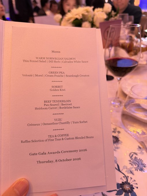 A formal gala menu from the 'Gate Gala Awards Ceremony 2026' on 'Thursday, 8 October 2026', listing courses such as Warm Norwegian Salmon, Green Pea Velouté, Sorbet, Beef Tenderloin, Yuzu, and Tea & Coffee.