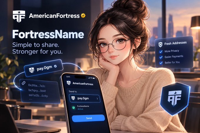An anime-style woman sits at a desk holding a smartphone displaying an 'AmericanFortress' app transaction to 'pay.0gm', alongside branding for 'FortressName' with the tagline 'Simple to share. Stronger for you.' and a 'Fresh Addresses' benefits list.