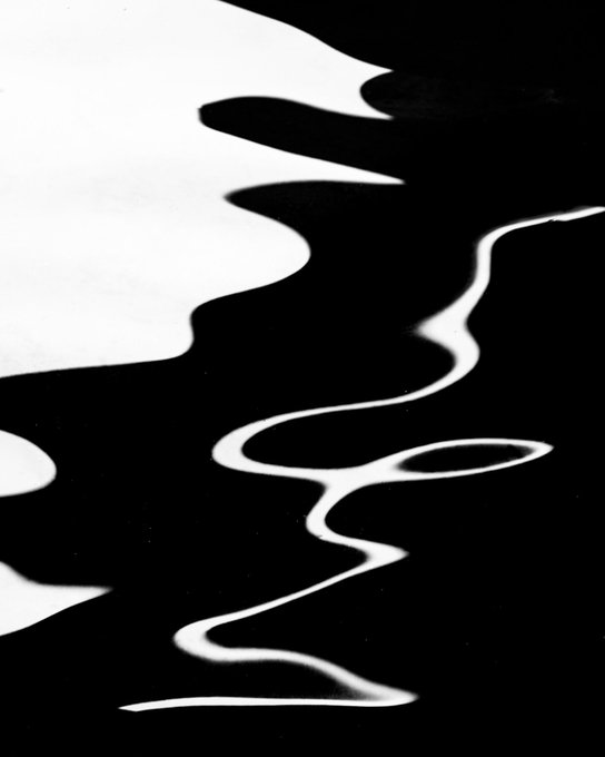 An abstract black and white image shows fluid, wavy shapes resembling flowing liquid or the stylized profiles of two faces merging together.
