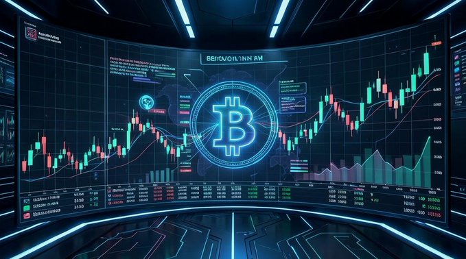 A glowing blue Bitcoin (B) symbol displayed on a large curved trading screen surrounded by candlestick charts and financial data in a futuristic room.