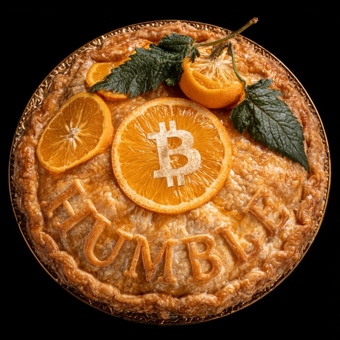 A photograph of a fruit pie decorated with orange slices, including a central slice with a Bitcoin '₿' symbol etched into it, mint leaves as garnish, and the word 'BITUMBRI' spelled out in pastry around the edge.