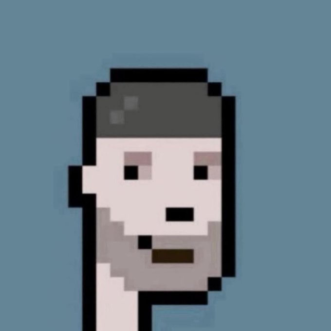 A pixel art illustration of a bald man's face with a neutral expression against a blue background, serving as a stylized GM (good morning) graphic paired with the crypto ticker "CT" to wish followers an enjoyable Saturday.