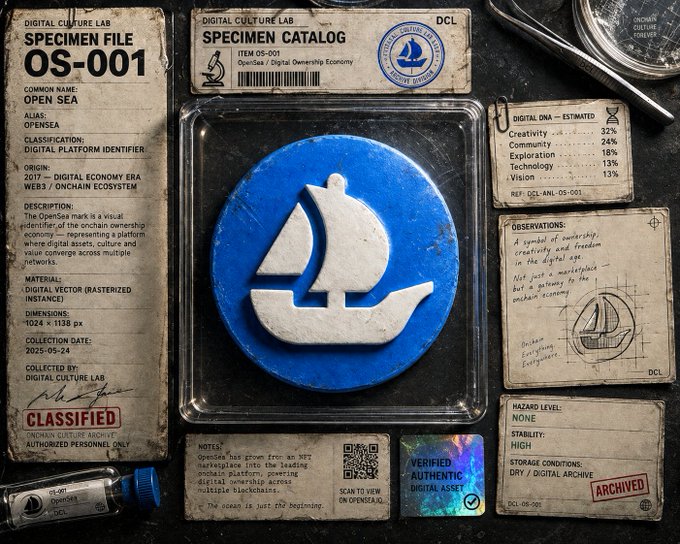 A digital specimen catalog for 'OpenSea' (OS-001) displays a blue circular emblem with a sailboat icon, surrounded by classification cards detailing a 'Digital Platform Identifier' collected in 2025 and marked 'VERIFIED AUTHENTIC DIGITAL ASSET'.