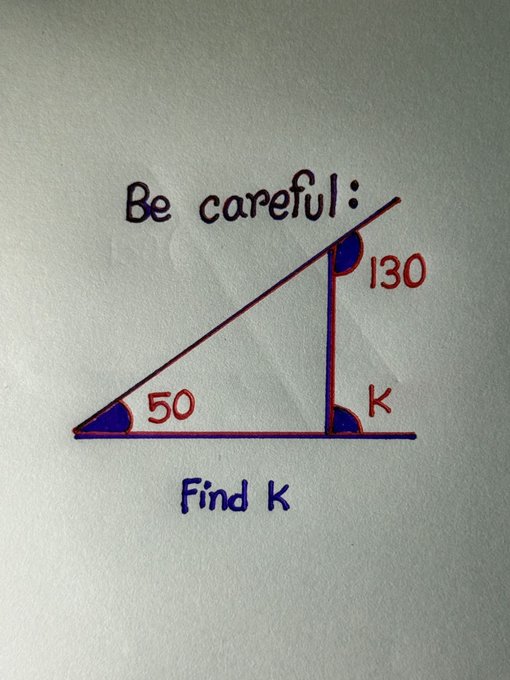 A hand-drawn geometry puzzle on white paper warns 'Be careful:' above a figure showing a triangle with a 50-degree angle and a 130-degree angle, with the instruction 'Find k' for the unknown angle at the base.