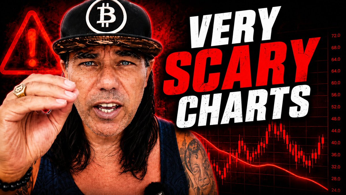 The image is a YouTube-style thumbnail featuring a man wearing a Bitcoin-logo cap and holding up his hand, alongside the bold text "VERY SCARY CHARTS" and a red downward-trending price chart. The dramatic red color scheme, warning icon, and bearish candlestick graph visually reinforce the post's warning about two concerning Bitcoin charts.