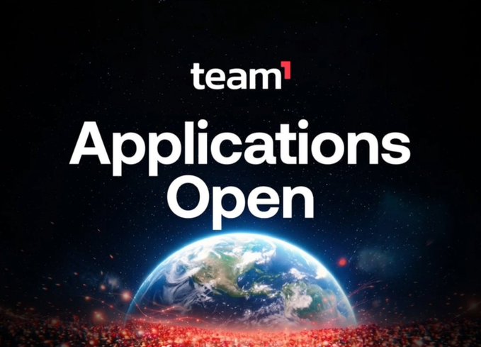 The image features an advertisement for a global community called Team1 that focuses on helping people learn, build, & grow together through various applications. The text "Applications Are Open" is displayed above the image of the Earth with red lights surrounding it, indicating that the application process has opened and anyone can participate in this global learning experience.