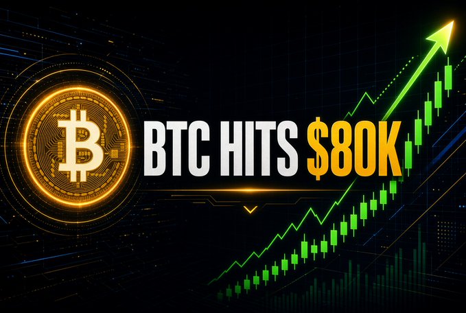 The image features a glowing golden Bitcoin coin alongside bold text reading "BTC HITS $80K," paired with a rising green candlestick chart and arrow symbolizing Bitcoin's surge past the $80,000 milestone, visually reinforcing the post's announcement of the cryptocurrency's strong upward momentum and weekly rally.