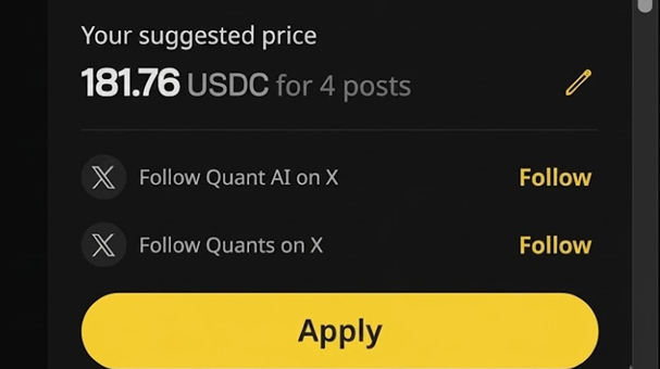 A suggested price of 181.76 USDC for 4 posts, requiring following Quant AI and Quants on X to apply.