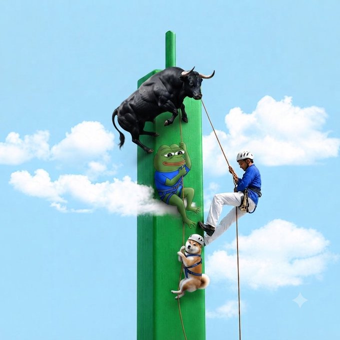 A surreal illustration shows a rock climber in blue ascending a green vertical pillar while belaying a Shiba Inu dog, with the iconic Pepe the Frog and a black bull stacked along the route, set against a bright blue sky with fluffy clouds—visually capturing the bullish, meme-driven crypto optimism of the "gm, ready to keep climbing?" post.
