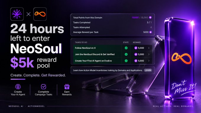 A promotional graphic for 'NeoSoul' showing '24 hours left to enter' a '$5k reward pool' by 'NEOSOUL AI × ACTIONMODEL', with task lists and a neon purple trophy design.