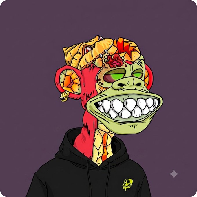 A cartoon illustration of a mutated ape character with a red body, exposed skull-like brain matter, a wide toothy grin, and a black hoodie featuring a 'ZOMBIE' skull logo.