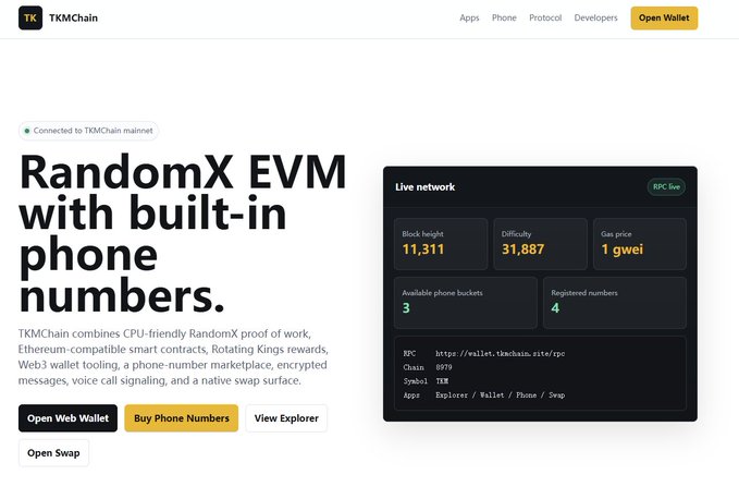 The image shows the TKMChain homepage advertising "RandomX EVM with built-in phone numbers," featuring live network stats (block height 11,311, difficulty 31,887, gas price 1 gwei, 3 phone buckets, 4 registered numbers) on the TKM mainnet. This aligns with the post's description of TKMChain as a new CPU-mineable project combining RandomX proof-of-work with EVM smart contract compatibility.