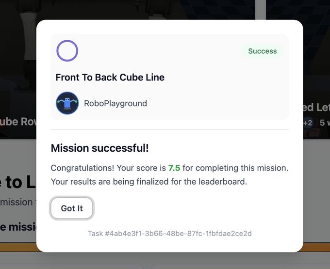 A 'Mission successful!' dialog box from RoboPlayground congratulates the user for completing the 'Front To Back Cube Line' mission with a score of 7.5, marked as Success.