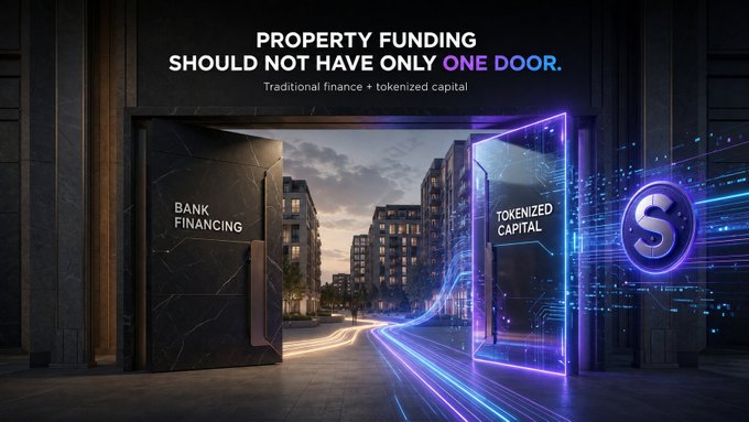 The image shows two open doorways side by side—one labeled "BANK FINANCING" and the other "TOKENIZED CAPITAL"—with the headline "PROPERTY FUNDING SHOULD NOT HAVE ONLY ONE DOOR. Traditional finance + tokenized capital" and a glowing "S" logo, visually representing the dual funding pathways described in the post about Stoneform's approach to property development financing.