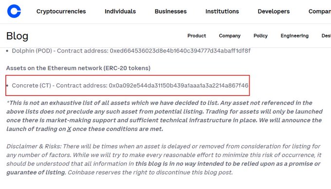 A screenshot from Coinbase's blog showing the listing roadmap, with Concrete (CT) and its contract address 0x0a092e544da31150b439a1aaa1a3a2214a867f46 highlighted in a red box, alongside Dolphin (POD) listed as another ERC-20 token asset on the Ethereum network.