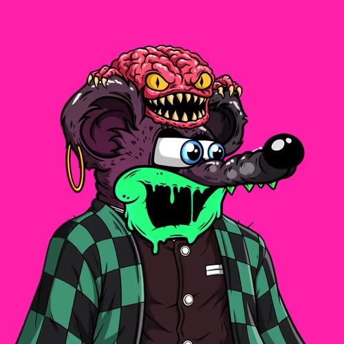 A cartoon illustration of a character with a crocodile-like head and green slime dripping from its mouth, set against a solid bright pink background.