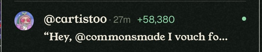 A dark-themed social media screenshot shows a notification from @cartistoo posted 27 minutes ago, gaining +58,380 points, with a preview reading "Hey, @commonsmade I vouch fo...". The image illustrates the post's celebration of @cartist00 being the first to cross the 20K points challenge and receiving the massive 58K point vouch, fulfilling the promise of a $5 reward.