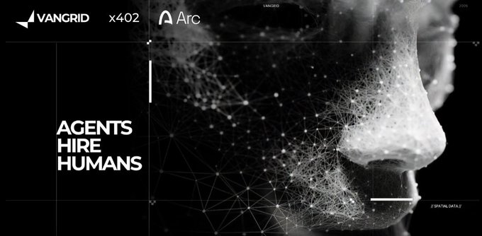 A black and white promotional graphic for VANGRID x Arc with the tagline 'AGENTS HIRE HUMANS', showing a stylized face composed of particle dots and network lines.