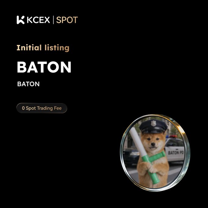A KCEX Spot promotional image announcing the initial listing of the BATON memecoin, featuring a Shiba Inu dressed as a police officer holding a traffic baton on a black background, along with a "0 Spot Trading Fee" badge.