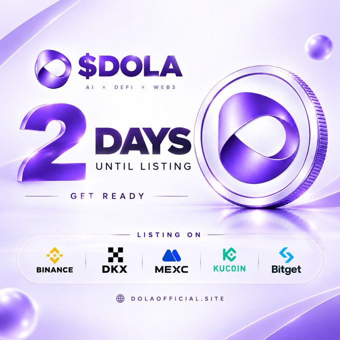 A promotional graphic for $DOLA announces "2 DAYS UNTIL LISTING — GET READY," with the AI × DeFi × Web3 tagline and listing on Binance, DKX, MEXC, KuCoin, and Bitget, accompanied by the website dolaofficial.site. The image visually reinforces the post's countdown and airdrop announcement.