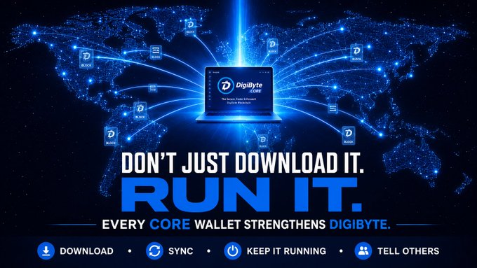A promotional graphic for DigiByte Core cryptocurrency, featuring a laptop, a world map network, and the text 'DON'T JUST DOWNLOAD IT. RUN IT.' along with 'EVERY CORE WALLET STRENGTHENS DIGIBYTE.'