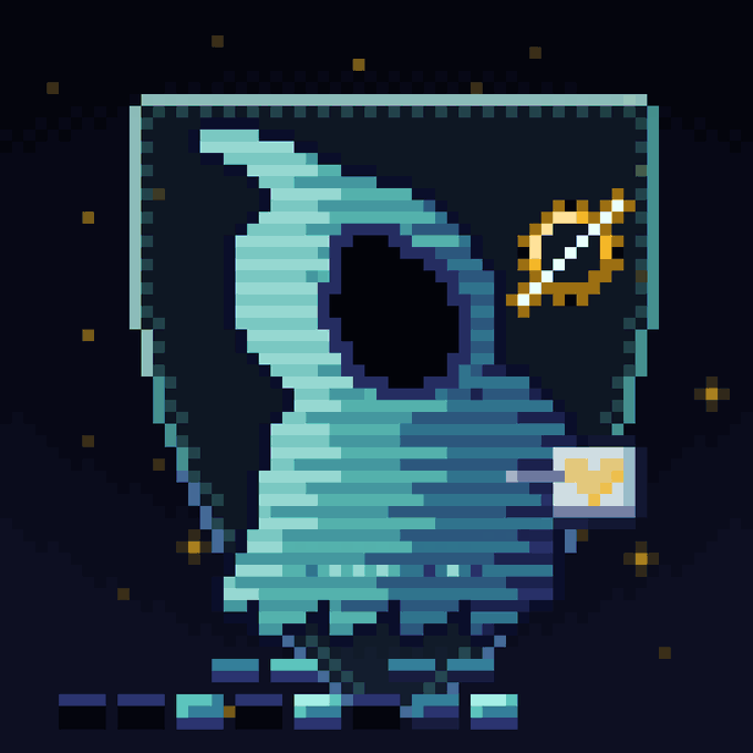 A pixel-art hooded figure in teal scanlines stands against a starry black background, featuring a golden "Z" symbol and a small glowing emblem on its chest. The image visually represents a "zkGHOST" character from a Zcash ($ZEC) shielded era NFT collection, with the "Z" symbol reinforcing the cryptocurrency's privacy-focused branding and the hooded cloak embodying the "SHIELDED" era theme.