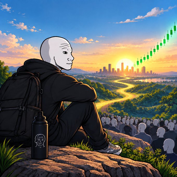 An artistic illustration of a figure with a white mask-like face sitting on a cliff at sunset, looking out over a city and a path filled with crowds of similarly-masked people, with a green candlestick chart in the sky.