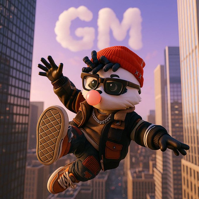 A cartoon character wearing an orange beanie, sunglasses, and a streetwear outfit strikes a dynamic pose mid-jump above a cityscape, with "GM" spelled out in cloud-shaped letters in the sky behind them—directly tying into the post's "GM" greeting.