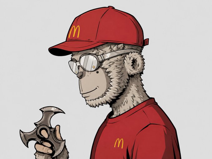 A cartoon-style drawing of a furry bear character wearing a McDonald's red cap and uniform, reflective sunglasses, and holding a bat-shaped shuriken or throwing weapon.
