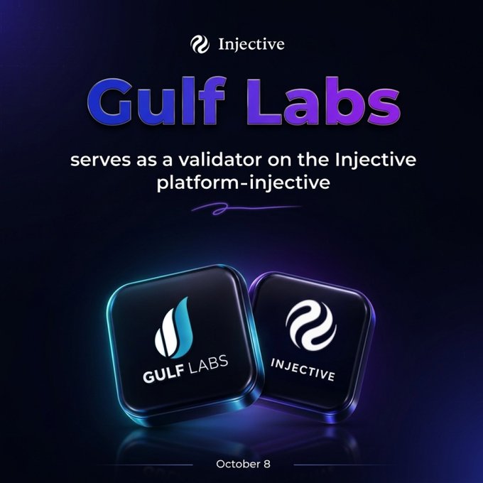 A promotional graphic for Injective announcing that 'Gulf Labs serves as a validator on the Injective platform-injective', dated October 8, featuring 3D-rendered logos of Gulf Labs and Injective.